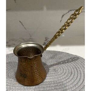 Vintage Hammered Copper Turkish Coffee Pot With Intricate Brass Handle